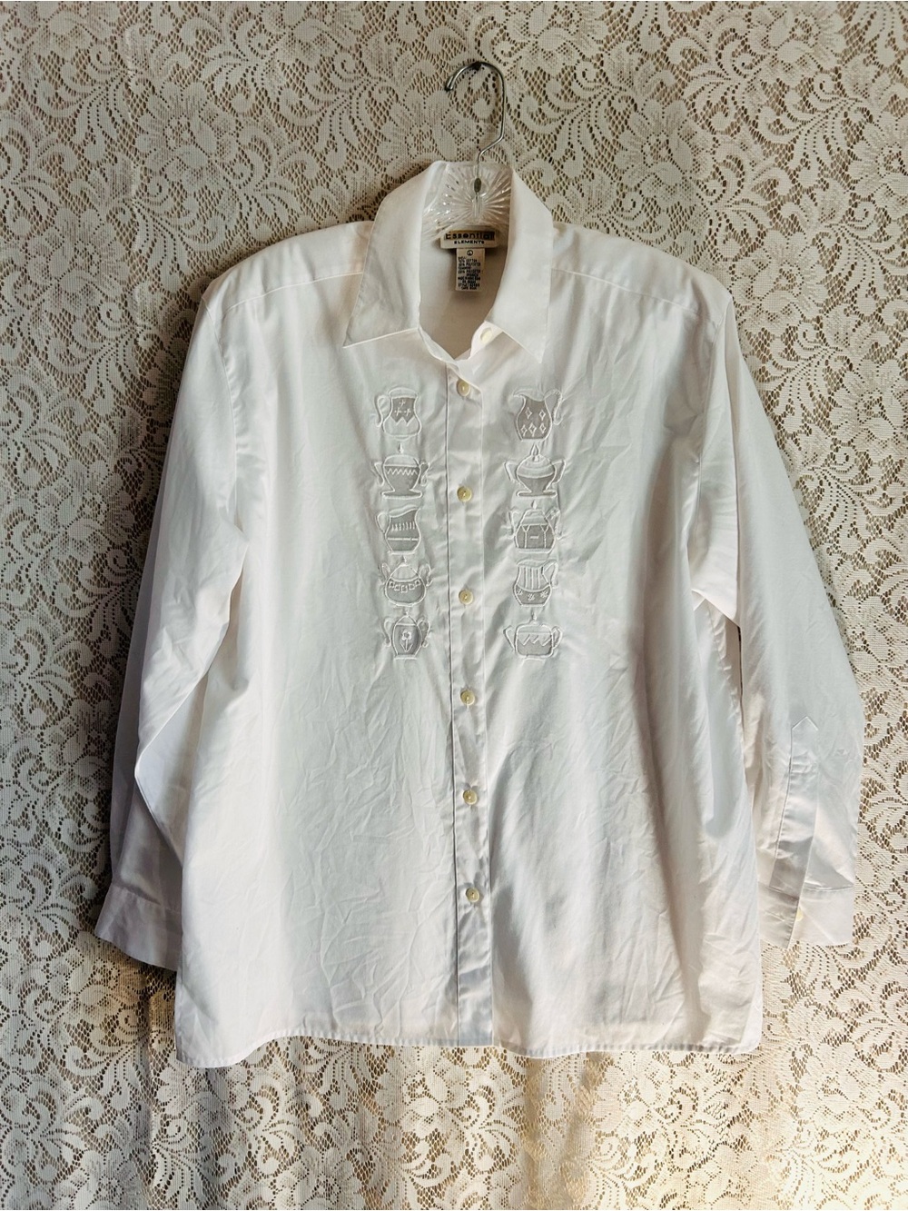 Vintage Essential Elements Teapot Embroidered Button Shirt White L